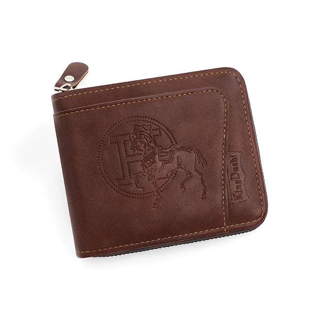 Dark Brown Men's Leather Wallet with Zipper and Horse Embossed Design