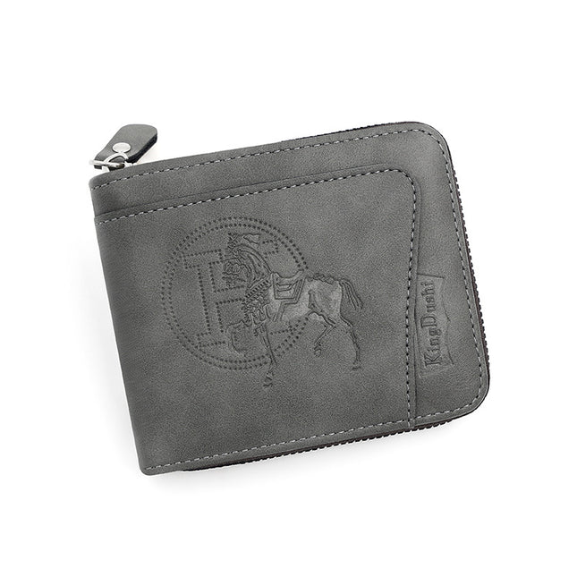 Grey Men's PU Leather Wallet with Zipper and Horse Embossed Design