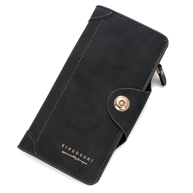 Black Women's Long Zipper Wallet with Button Closure