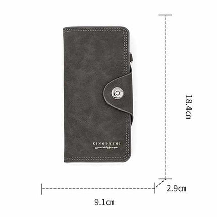 Grey Women's Long Zipper Wallet with Button Closure - PU Leather Multi-Compartment Clutch Purse