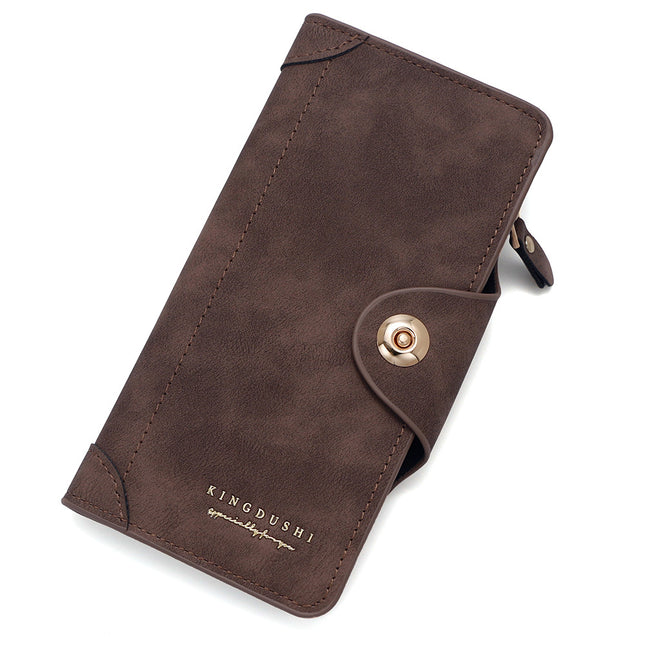 Brown Women's Long Zipper Wallet with Button Closure