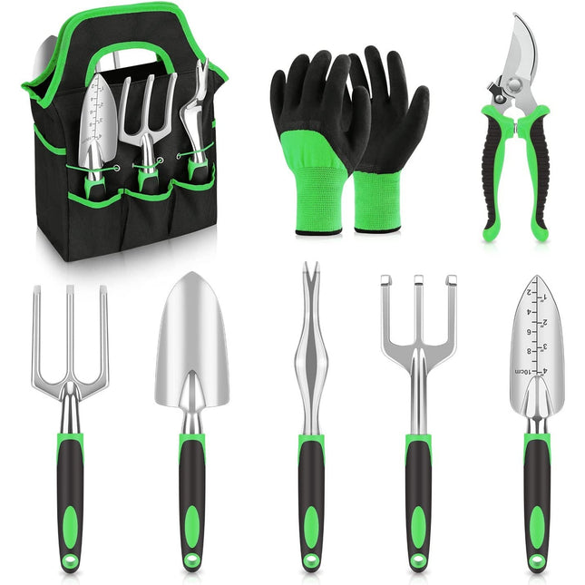 Green 8-Piece Heavy-Duty Gardening Tool Set with Ergonomic Handles and Storage Bag V888-ELOSUNG12839