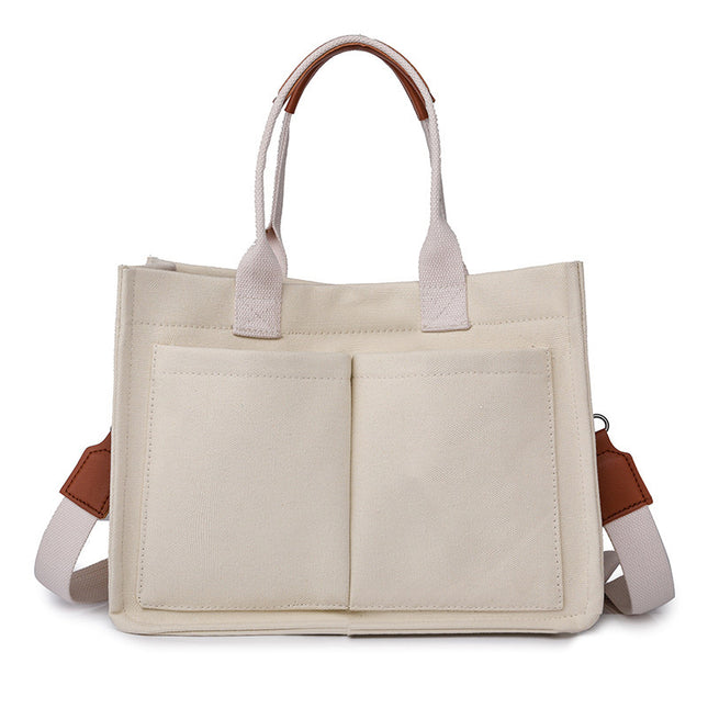 White Stylish Canvas Briefcase Tote Bag with Large Capacity for Women V888-ELOSUNG12882