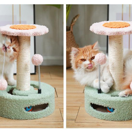 Pink-blue Interactive Cat Scratching Post with Playful Ball Toys, Flower Design - 35cm Height, 26cm Base