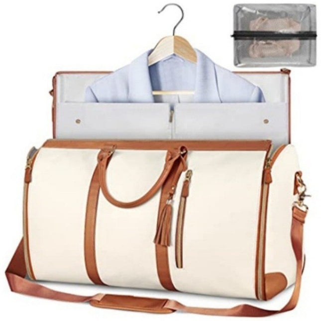 Beige Convertible Garment Duffel Bag with Leather Accents