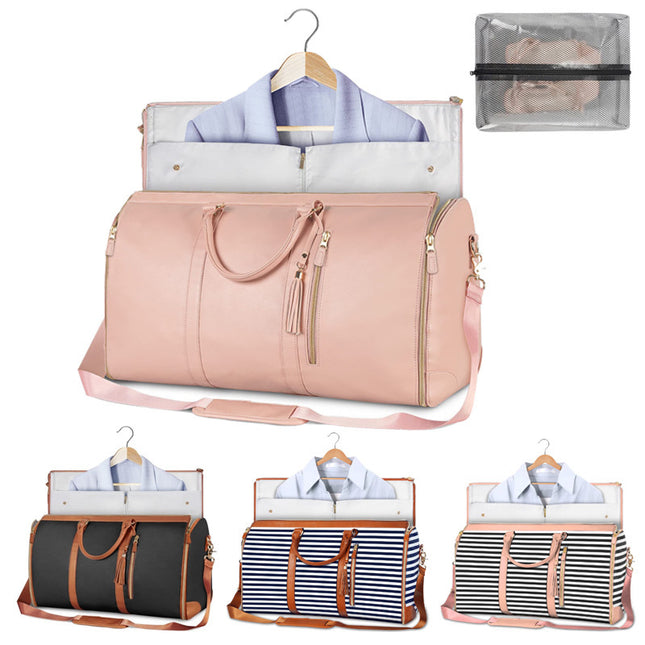 Beige Convertible Garment Duffel Bag with Leather Accents – product detail