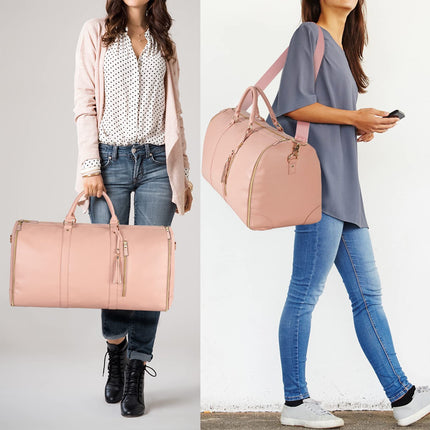 Beige Convertible Garment Duffel Bag with Leather Accents - Travel Weekender Bag for Suits and Dresses