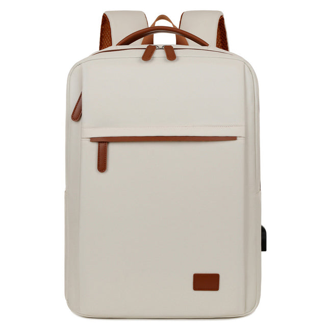 Beige Minimalist USB Charging Laptop Backpack