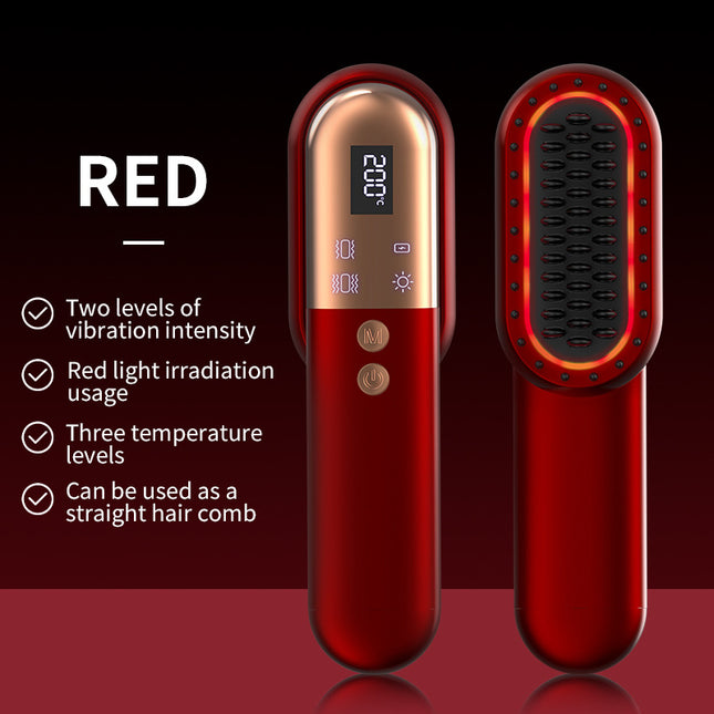 Red Mini Rechargeable Ionic Hair Straightening Comb Portable Wireless Vibration Massage Brush for
