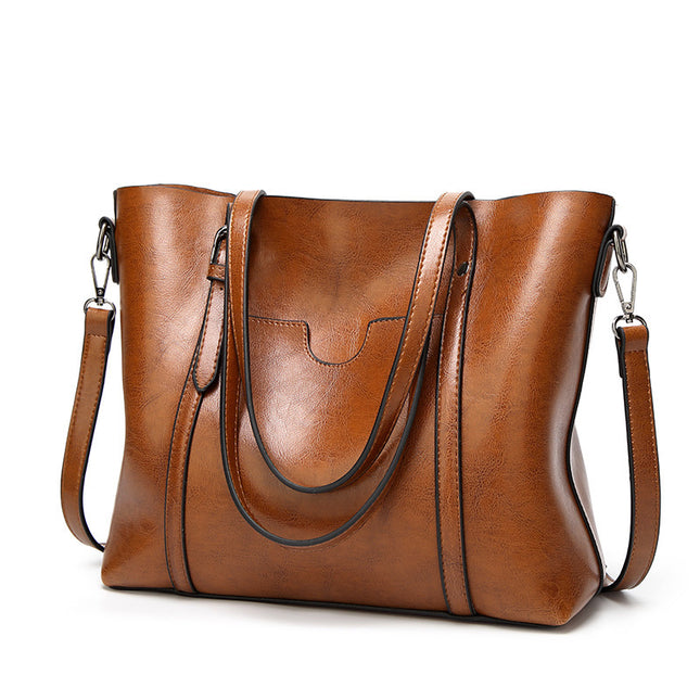 Brown Fashionable Soft Leather Women's Handbag Large Capacity Shoulder & Crossbody Tote Casual Bucket Bag
