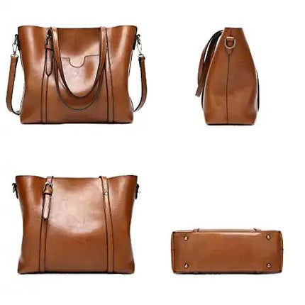 Brown Fashionable Soft Leather Women's Handbag, Large Capacity Shoulder & Crossbody Tote, Casual Bucket Bag