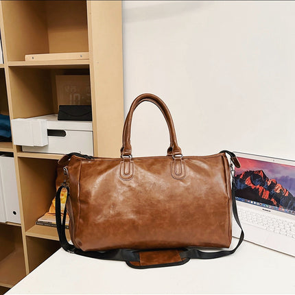 Brown Solid Color Unisex Large Capacity Fitness Bag - Leather Sports Bag, Crossbody Travel Bag, Gym and Luggage Handbag