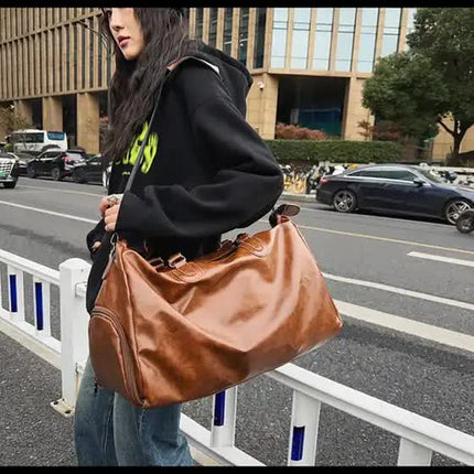 Brown Solid Color Unisex Large Capacity Fitness Bag - Leather Sports Bag, Crossbody Travel Bag, Gym and Luggage Handbag