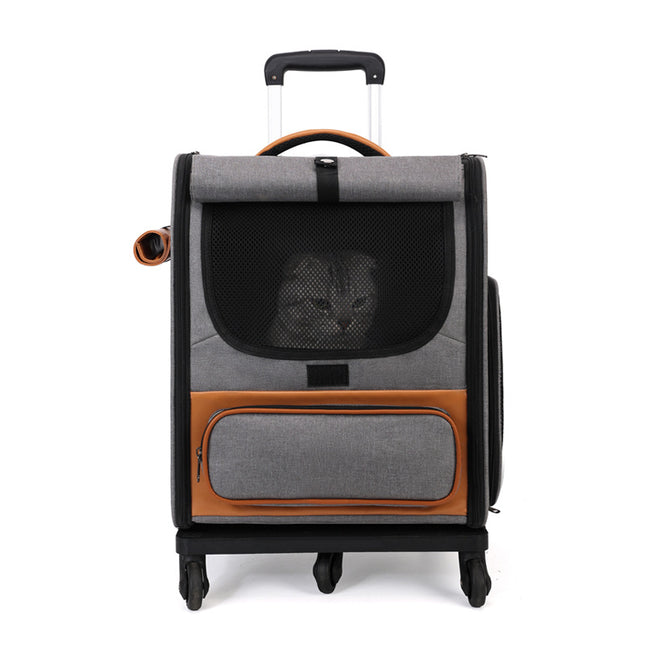 Grey Large Capacity Breathable Foldable Pet Trolley Travel Cat Carrier with Wheels Portable Spacious and