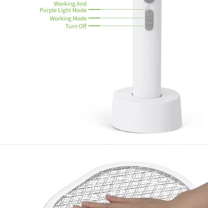 White Rechargeable Electric Mosquito Racket - 2-in-1 Mosquito Killer with Lithium Battery, Fly Swatter & Mosquito Zapper for Home Use
