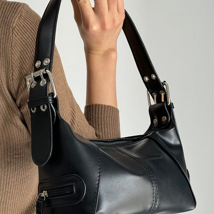 Black Trendy Punk Shoulder Bag, Small Retro Handbag with Sweet Cool Aesthetic, Versatile Underarm Bag