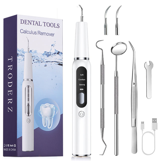 White Portable Ultrasonic Dental Cleaner Home Use Plaque Remover Sonic Tooth Stain & Tartar Cleaning Tool