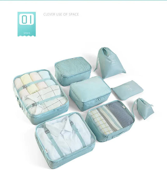 Beige 8-Piece Travel Organizer Set - Packing Bags for Clothes, Shoes, Underwear, and Toiletries with Drawstring and Zip Pouches