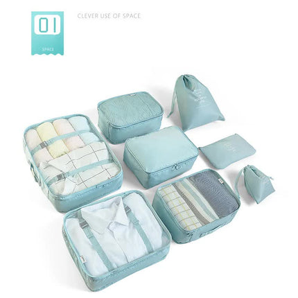 Pink 8-Piece Travel Organizer Set - Packing Bags for Clothes, Shoes, Underwear, and Toiletries with Drawstring and Zip Pouches