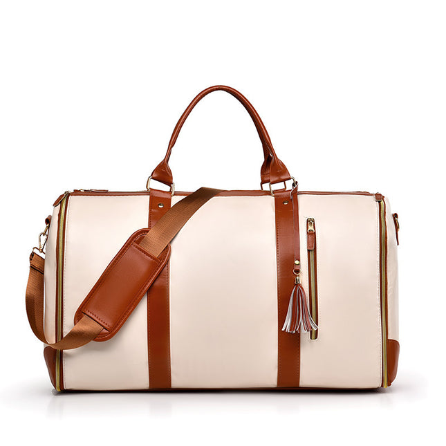White And Brown PU Leather Foldable Garment Bag Women's Travel Duffel with Suit Carrier Multi-Function