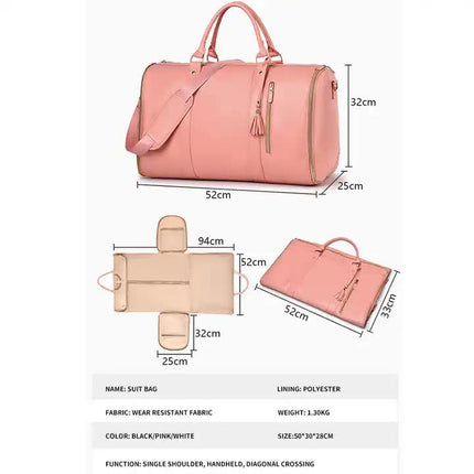 White And Brown  PU Leather Foldable Garment Bag, Women's Travel Duffel with Suit Carrier, Multi-Function Storage