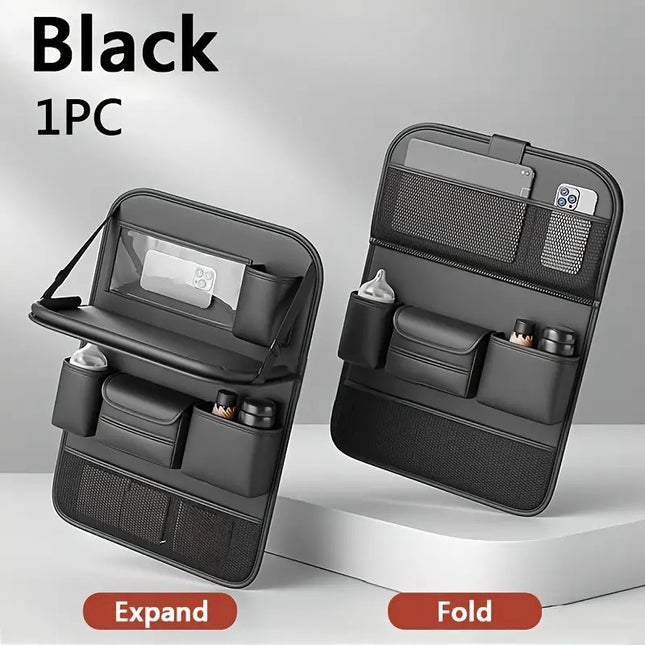 Black Car Seat Back Organizer with Foldable Tray Leather Backseat Storage Bag Multi-Pocket Vehicle Organizer