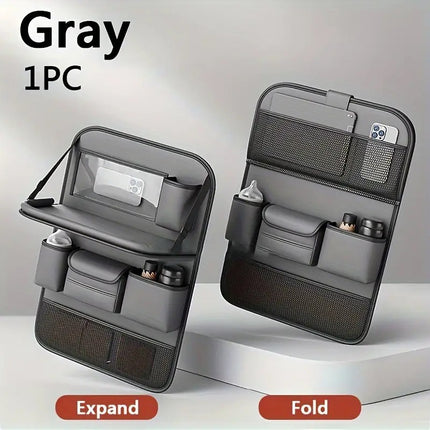Grey Car Seat Back Organizer with Foldable Tray Leather Backseat Storage Bag Multi-Pocket Vehicle Organizer