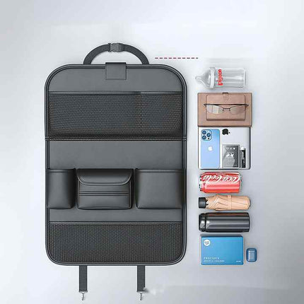 Grey Car Seat Back Organizer with Foldable Tray Leather Backseat Storage Bag Multi-Pocket Vehicle – product features