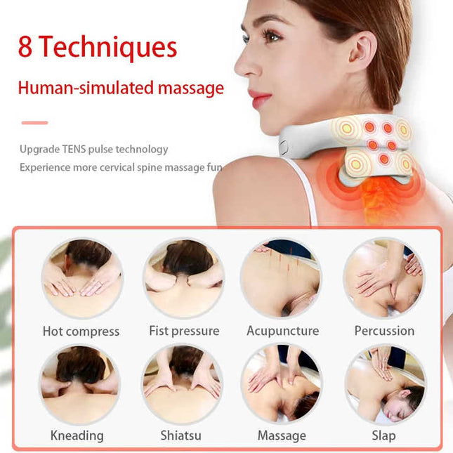 White Portable Electric Neck Massager Intelligent Pulse Therapy with Heat and 4 Massage Heads