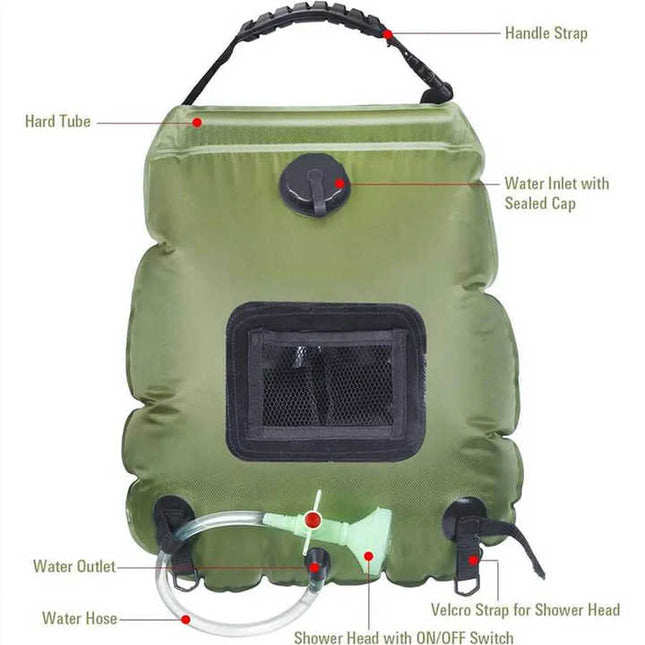 Green Portable Solar Camping Shower Bag Foldable 20L Outdoor Water Storage Bag with Temperature Display – product detail
