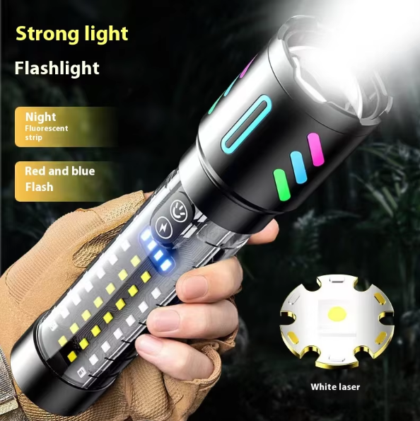 LED Rechargeable Laser Flashlight Multifunctional Type-C Strong Light Torch with Adjustable Zoom