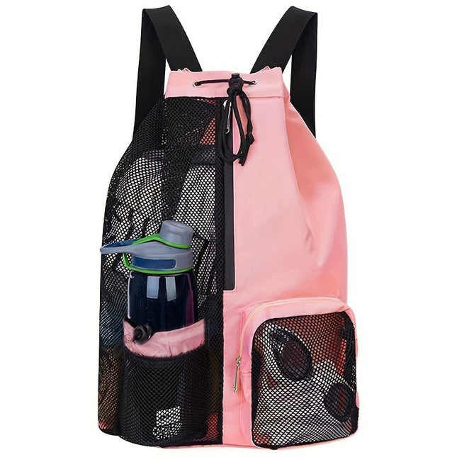 Pink Mesh Drawstring Swim Backpack with Wet Pocket (245g)
