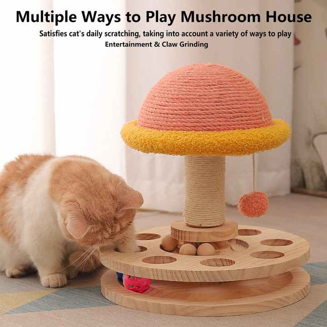 Large Pink Interactive Cat Scratching Post with Ball Track Fun Mushroom-Shaped Cat Toy for Play Scratching