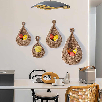 Red 3-Piece Wall-Mounted Cotton Rope Storage Baskets – Large, Medium, and Small Hand-Woven Fruit/Vegetable/Storage Nets (Large weight 300g, Medium weight 230g, Small weight 200g)