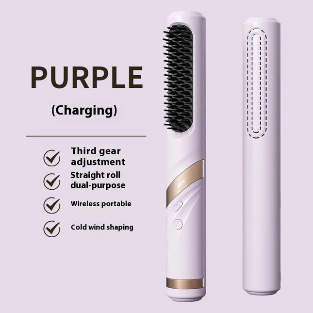 Purple Portable USB Rechargeable Cold Wind Ionic Hair Straightening Brush Multi-Functional