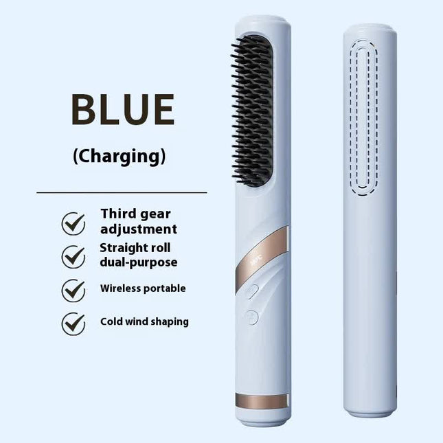 Blue Portable USB Rechargeable Cold Wind Ionic Hair Straightening Brush Multi-Functional Hair Straightener