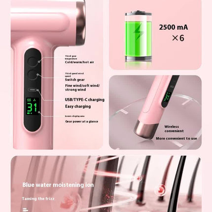 White Wireless Hair Dryer with Cold & Hot Air, Portable Large-Capacity Rechargeable Ionic Dryer, Fast-Drying, Lightweight and Compact for Home and Travel