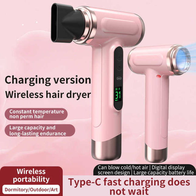 Pink wireless Hair Dryer with Cold & Hot Air Portable Large-Capacity Rechargeable Ionic Dryer Fast-Drying – product detail
