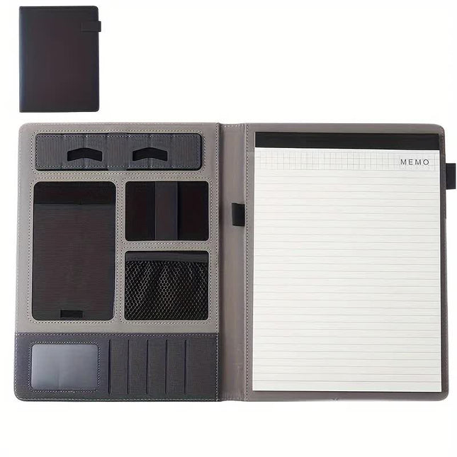 Black A4 Leather Multi-Functional Business Document Folder with Card Slots