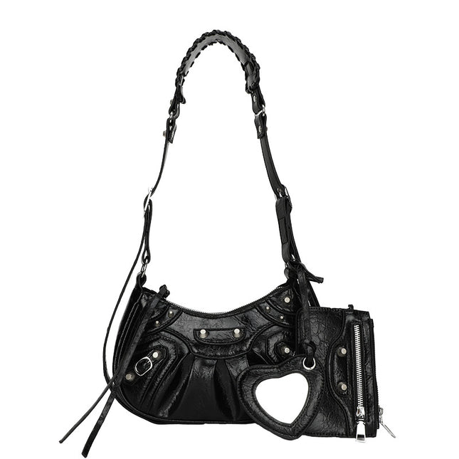 Black Vintage Rivet Crescent Moon Bag with Card Holder & Mirror
