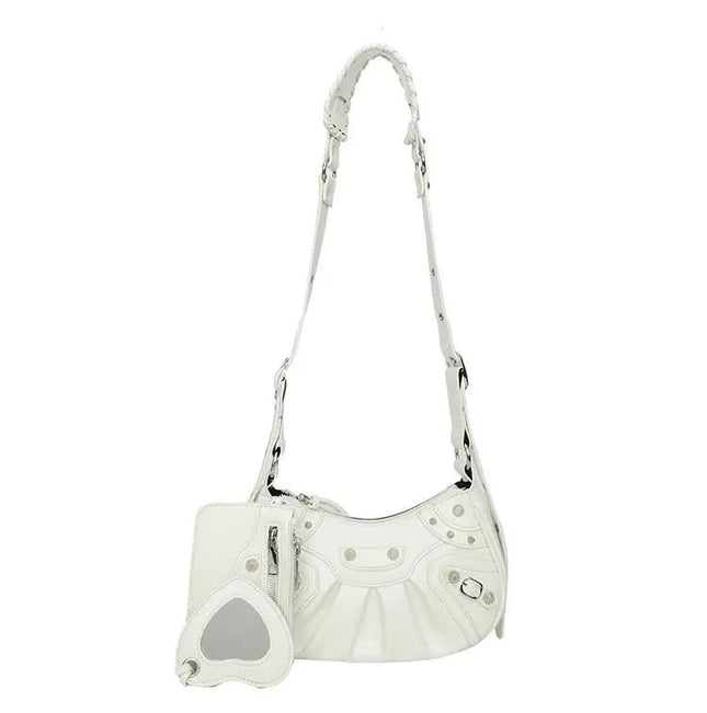 White Vintage Rivet Crescent Moon Bag with Card Holder & Mirror