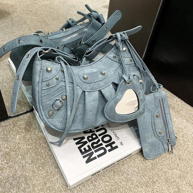 Blue Vintage Rivet Crescent Moon Bag with Card Holder & Mirror