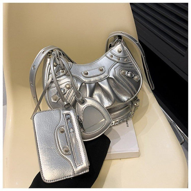 Silver Vintage Rivet Crescent Moon Bag with Card Holder & Mirror