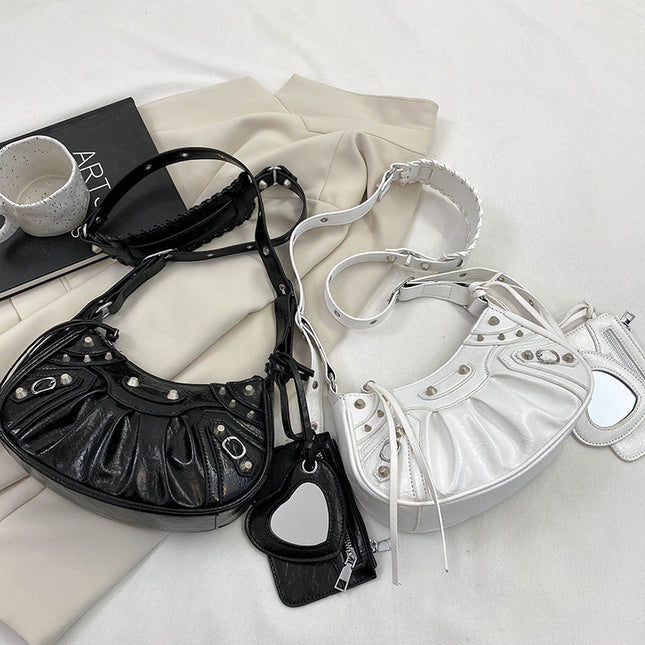 Silver Vintage Rivet Crescent Moon Bag with Card Holder & Mirror