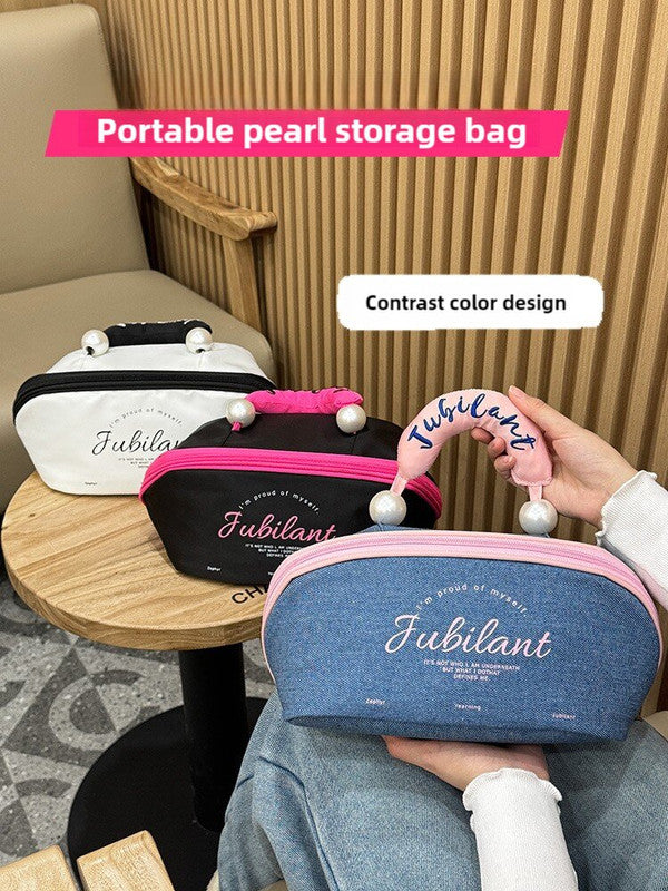 Black Patchwork Pink Portable Waterproof Color Block Makeup Bag