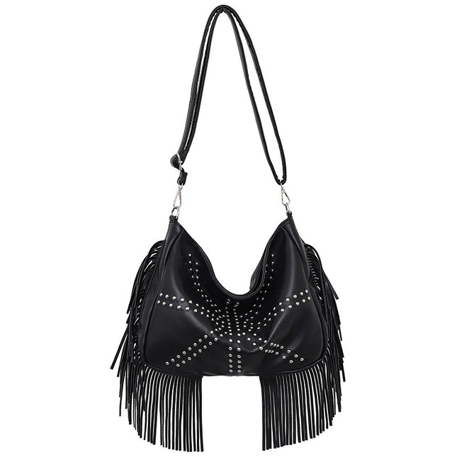 Black Trendy Rivet Fringe Shoulder Bag