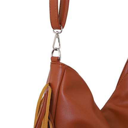 Black Trendy Rivet Fringe Shoulder Bag – Large Capacity Soft Leather Handbag for Women, Perfect for Travel and Leisure