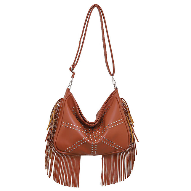 Brown Trendy Rivet Fringe Shoulder Bag