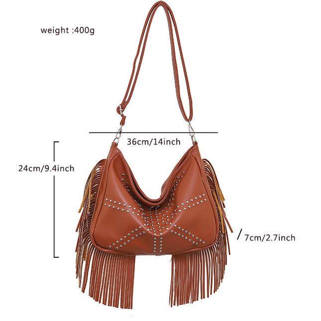Brown Trendy Rivet Fringe Shoulder Bag
