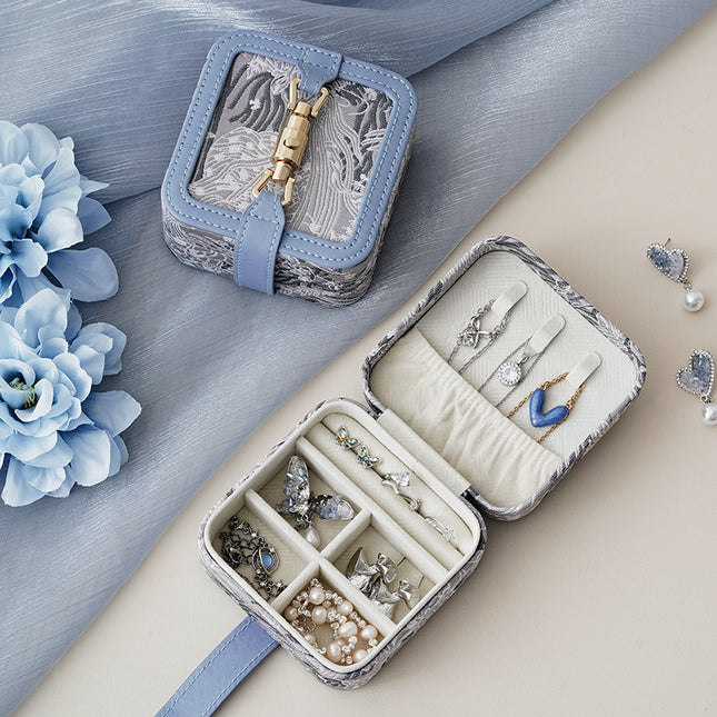 Blue Portable Vintage Embossed Jewelry Box - Flip-Top Necklace, Ring
